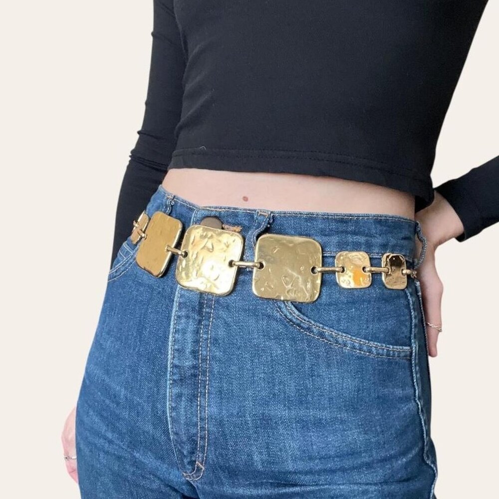 Y2k vintage hammered gold squares chain belt - Picture 2 of 6